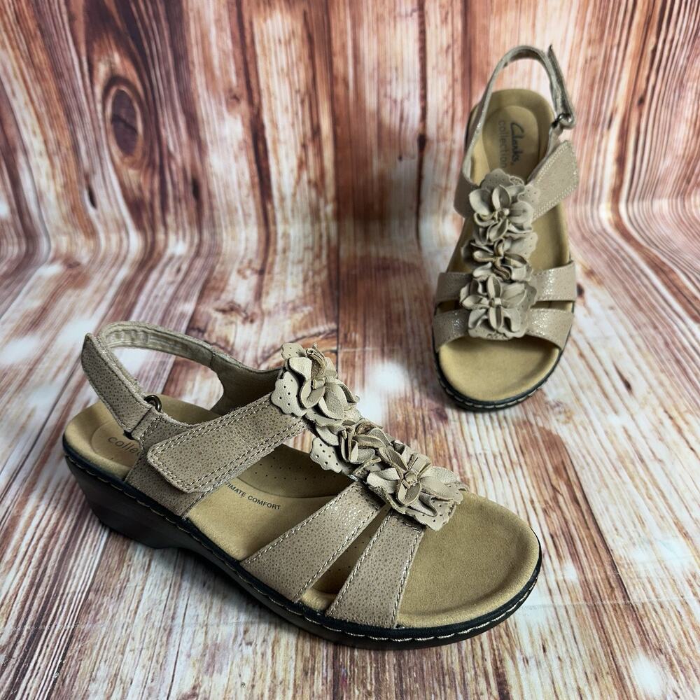 Clarks MERLIAH SHERYL Size 6 Tan Suede Floral Ankle Strap Sandals Open Toe Shoes